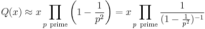 Q(x) \approx x\prod_{p\ \text{prime}} \left(1-\frac{1}{p^2}\right) = x\prod_{p\ \text{prime}} \frac{1}{(1-\frac{1}{p^2})^{-1}} 