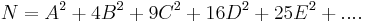 
N = A^2%2B4B^2%2B9C^2%2B16D^2%2B25E^2%2B....
