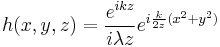 h(x,y,z) = \frac{e^{i k z}}{i \lambda z} e^{i \frac{k}{2 z} (x^2 %2B y^2)}