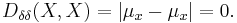 D_{\delta\delta}(X, X) = |\mu_x-\mu_x| = 0.