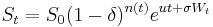 S_t=S_{0}(1-\delta)^{n(t)}e^{ut%2B\sigma W_t}