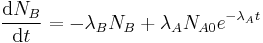  \frac{\mathrm{d}N_B}{\mathrm{d}t} = - \lambda_B N_B %2B \lambda_A N_{A0} e^{-\lambda_A t} 