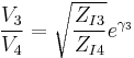 \frac{V_3}{V_4}=\sqrt{\frac{Z_{I3}}{Z_{I4}}}e^{\gamma_3}