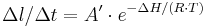 \Delta l/\Delta t = A' \cdot e^{-\Delta H/ ( R \cdot T )}