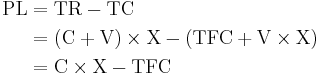 \begin{align}
\text{PL} &= \text{TR} - \text{TC}\\
          &= \left(\text{C}%2B\text{V}\right)\times \text{X}
           - \left(\text{TFC} %2B \text{V} \times \text{X}\right)\\
          &= \text{C} \times \text{X} - \text{TFC}
\end{align}