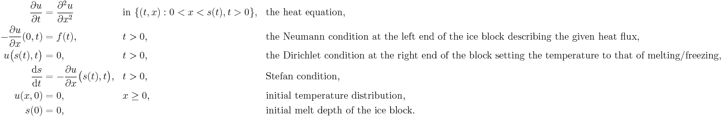 \begin{align}
\frac{\partial u}{\partial t} &= \frac{\partial^2 u}{\partial x^2} &&\text{in } \{(t,x): 0 < x < s(t), t>0\}, && \text{the heat equation},\\
-\frac{\partial u}{\partial x}(0, t) &= f(t), && t>0, &&\text{the Neumann condition at the left end of the ice block describing the given heat flux}, &&\\
u\big(s(t),t\big) &= 0, && t>0, &&\text{the Dirichlet condition at the right end of the block setting the temperature to that of melting/freezing},\\
\frac{\mathrm{d}s}{\mathrm{d}t} &= -\frac{\partial u}{\partial x}\big(s(t), t\big), && t>0, &&\text{Stefan condition},\\
u(x,0) &= 0, && x\geq 0, &&\text{initial temperature distribution},\\
s(0) &= 0, && &&\text{initial melt depth of the ice block}.
\end{align}
