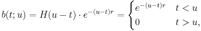 b(t;u) = H(u-t)\cdot e^{-(u-t)r} = \begin{cases} e^{-(u-t) r} & t < u\\ 0 & t > u,\end{cases}