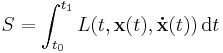 S = \int_{t_0}^{t_1} L(t, \mathbf{x}(t), \mathbf{\dot{x}}(t))\,\mathrm{d}t