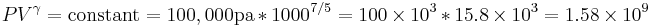  P V^{\gamma} = \operatorname{constant} = 100,000 \operatorname{pa} * 1000^{7/5} = 100 \times 10^3 * 15.8 \times 10^3 = 1.58 \times 10^9 