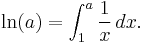 \ln(a)=\int_1^a \frac{1}{x}\,dx.