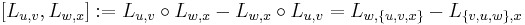  [L_{u,v},L_{w,x}]:= L_{u,v}\circ L_{w,x} - L_{w,x} \circ L_{u,v} = L_{w,\{u,v,x\}}-L_{\{v,u,w\},x} 