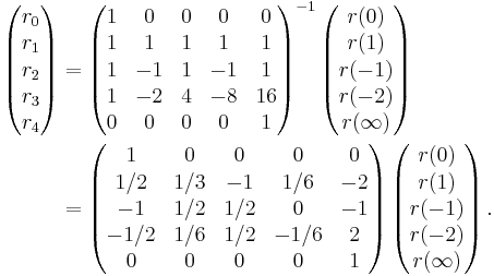 
\begin{align}
\left(\begin{matrix}r_0 \\ r_1 \\ r_2 \\ r_3 \\ r_4\end{matrix}\right) & {} =
\left(\begin{matrix}
1 &  0 & 0 &  0 & 0  \\
1 &  1 & 1 &  1 & 1  \\
1 & -1 & 1 & -1 & 1  \\
1 & -2 & 4 & -8 & 16 \\
0 &  0 & 0 &  0 & 1
\end{matrix}\right)^{-1}
\left(\begin{matrix}r(0) \\ r(1) \\ r(-1) \\ r(-2) \\ r(\infty)\end{matrix}\right) \\
&  {} =
\left(\begin{matrix}
  1  &  0  &  0  &   0  &  0 \\
 1/2 & 1/3 & -1  &  1/6 & -2 \\
 -1  & 1/2 & 1/2 &   0  & -1 \\
-1/2 & 1/6 & 1/2 & -1/6 &  2 \\
  0  &  0  &  0  &   0  &  1
\end{matrix}\right)
\left(\begin{matrix}r(0) \\ r(1) \\ r(-1) \\ r(-2) \\ r(\infty)\end{matrix}\right).
\end{align}
