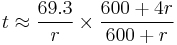  t \approx \frac{69.3}{r} \times \frac{600%2B4r}{600%2Br}