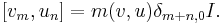 \displaystyle{[v_m,u_n]=m(v,u)\delta_{m%2Bn,0}I.}