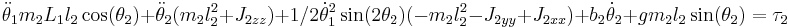 \ddot{\theta}_1 m_2 L_1 l_2 \cos(\theta_2)
%2B\ddot{\theta}_2 (m_2 l_2^2 %2B J_{2zz})
%2B 1/2 \dot{\theta}_1^2 \sin(2 \theta_2) ( -m_2 l_2^2 - J_{2yy} %2B J_{2xx} )
%2Bb_2 \dot{\theta}_2
%2Bg m_2 l_2 \sin(\theta_2)
= \tau_2