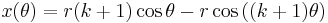 x (\theta) = r (k %2B 1) \cos \theta - r \cos \left( (k %2B 1) \theta \right) \,