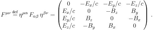 F^{\mu \nu} \, \stackrel{\mathrm{def}}{=} \, \eta^{\mu \alpha} \, F_{\alpha \beta} \, \eta^{\beta \nu} = \left( \begin{matrix}
0 & -E_x/c & -E_y/c & -E_z/c \\
E_x/c & 0 & -B_z & B_y \\
E_y/c  & B_z & 0 & -B_x \\
E_z/c & -B_y & B_x & 0
\end{matrix} \right)\,.