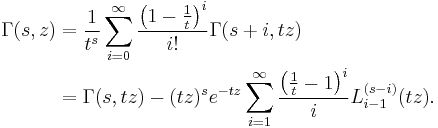 
\begin{align}
\Gamma(s,z) &= \frac 1 {t^s} \sum_{i=0}^{\infty} \frac{\left(1-\frac 1 t \right)^i}{i!} \Gamma(s%2Bi,t z)
\\
  &= \Gamma(s,t z) -(t z)^s e^{-t z} \sum_{i=1}^{\infty} \frac{\left(\frac 1 t-1 \right)^i}{i} L_{i-1}^{(s-i)}(t z).
\end{align}
