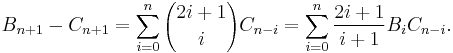 B_{n%2B1} - C_{n%2B1} = \sum_{i=0}^n {2i%2B1 \choose i} C_{n-i} = \sum_{i=0}^n \frac{2i%2B1}{i%2B1} B_i C_{n-i}.