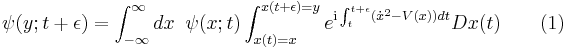 
\psi(y;t%2B\epsilon) = \int_{-\infty}^\infty dx\;\;\psi(x;t)\int_{x(t)=x}^{x(t%2B\epsilon)=y} e^{{\rm i}\int_t^{t%2B\epsilon} (\dot{x}^2 - V(x)) dt} Dx(t)
\qquad (1)