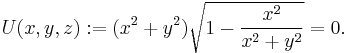 U(x, y, z)�:= (x^2 %2B y^2) \sqrt{ 1 - \frac{x^2}{x^2 %2B y^2} } = 0.