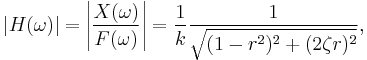 |H(\omega)|=\left |{X(\omega) \over F(\omega)} \right|= {1 \over k} {1 \over \sqrt{(1-r^2)^2 %2B (2 \zeta r)^2}},