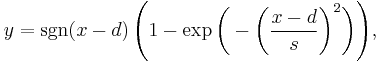  y = \mathrm{sgn}(x-d) \, \Bigg(1-\exp\bigg(-\bigg(\frac{x-d}{s}\bigg)^2\bigg)\Bigg), 