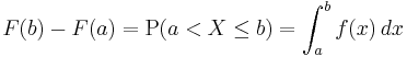 F(b)-F(a) = \operatorname{P}(a< X\leq b) = \int_a^b f(x)\,dx