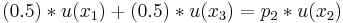 (0.5)*u(x_1)%2B(0.5)*u(x_{3})=p_2*u(x_{2})\!