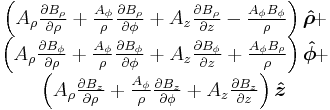 \begin{matrix}
\left(A_\rho \frac{\partial B_\rho}{\partial \rho}%2B\frac{A_\phi}{\rho}\frac{\partial B_\rho}{\partial \phi}%2BA_z\frac{\partial B_\rho}{\partial z}-\frac{A_\phi B_\phi}{\rho}\right) \boldsymbol{\hat\rho} \!%2B\!\\
\left(A_\rho \frac{\partial B_\phi}{\partial \rho}%2B\frac{A_\phi}{\rho}\frac{\partial B_\phi}{\partial \phi}%2BA_z\frac{\partial B_\phi}{\partial z}%2B\frac{A_\phi B_\rho}{\rho}\right) \boldsymbol{\hat\phi}\!%2B\!\\
\left(A_\rho \frac{\partial B_z   }{\partial \rho}%2B\frac{A_\phi}{\rho}\frac{\partial B_z   }{\partial \phi}%2BA_z\frac{\partial B_z   }{\partial z}                           \right) \boldsymbol{\hat z}
\end{matrix}