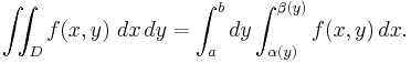 \iint_D f(x,y)\ dx\, dy = \int_a^b dy \int_{ \alpha (y)}^{ \beta (y)} f(x,y)\, dx.