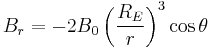 B_r = -2B_0\left(\frac{R_E}{r}\right)^3\cos\theta