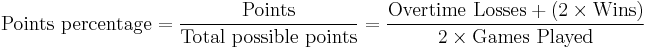 \mathrm{Points}\ \mathrm{percentage} = \frac{\mathrm{Points}}{\mathrm{Total \ possible \ points}}
= \frac{ \mathrm{Overtime \ Losses %2B (2 \times Wins)}}{\mathrm{ 2 \times Games \ Played }}