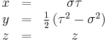 \begin{matrix}
    x & = & \sigma \tau\\
    y & = & \frac{1}{2} \left( \tau^{2} - \sigma^{2} \right) \\
    z & = & z \end{matrix}