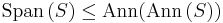 \mbox{Span}\,(S) \leq \mbox{Ann}(\mbox{Ann}\,(S))