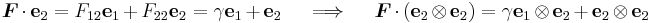 
   \boldsymbol{F}\cdot\mathbf{e}_2 = F_{12}\mathbf{e}_1 %2B F_{22}\mathbf{e}_2 = \gamma\mathbf{e}_1 %2B \mathbf{e}_2
   \quad \implies \quad
   \boldsymbol{F}\cdot(\mathbf{e}_2\otimes\mathbf{e}_2) = \gamma\mathbf{e}_1\otimes\mathbf{e}_2 %2B \mathbf{e}_2\otimes\mathbf{e}_2
 