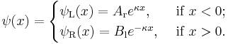 \psi(x) = \begin{cases}
\psi_{\text{L}}(x) = A_{\text{r}}e^{\kappa x}, & \text{ if } x<0; \\
\psi_{\text{R}}(x) = B_{\text{l}}e^{-\kappa x}, & \text{ if } x>0.
\end{cases}
