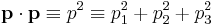  \mathbf{p} \cdot \mathbf{p} \equiv p^2 \equiv p_1^2 %2B p_2^2 %2B p_3^2 \,\!