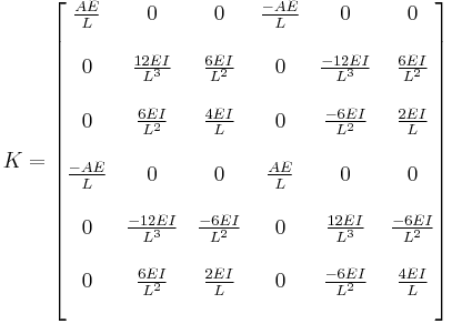 
K = 	
\begin{bmatrix}
 \frac{AE}{L} & 0 & 0& \frac{-AE}{L} & 0 & 0 \\
\\
  0 & \frac{12EI}{L^3} & \frac{6EI}{L^2} &0&   \frac{-12EI}{L^3} &\frac{6EI}{L^2}\\
\\
  0 & \frac{6EI}{L^2} & \frac{4EI}{L} &0&   \frac{-6EI}{L^2} &\frac{2EI}{L}\\
\\
 \frac{-AE}{L} & 0 & 0& \frac{AE}{L} & 0 & 0 \\
\\
  0 & \frac{-12EI}{L^3} & \frac{-6EI}{L^2} &0&   \frac{12EI}{L^3} &\frac{-6EI}{L^2}\\
\\
  0 & \frac{6EI}{L^2} & \frac{2EI}{L} &0&   \frac{-6EI}{L^2} &\frac{4EI}{L}\\
\\
\end{bmatrix}
