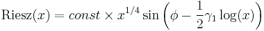 {\rm Riesz}(x) =  const\times x^{1/4} \sin\left(\phi-\frac{1}{2}\gamma_1\log(x)\right)