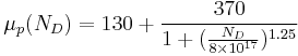 \mu_p(N_D) = 130 %2B \frac{370}{1%2B(\frac{N_D}{8\times10^{17}})^{1.25}}