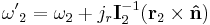 \mathbf{\omega'}_2 = \mathbf{\omega}_2  %2B j_r \mathbf{I}_2^{-1} ( \mathbf{r}_2 \times \mathbf{\hat{n}} )