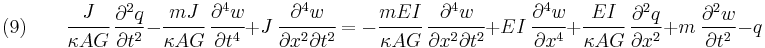 
    (9) \qquad 
    \cfrac{J}{\kappa AG}~\frac{\partial^2 q}{\partial t^2} -\cfrac{mJ}{\kappa AG}~\cfrac{\partial^4 w}{\partial t^4} %2B J~\cfrac{\partial^4 w}{\partial x^2\partial t^2} 
= -\cfrac{mEI}{\kappa AG}~\cfrac{\partial^4 w}{\partial x^2\partial t^2} %2B EI~\cfrac{\partial^4 w}{\partial x^4} %2B \cfrac{EI}{\kappa AG}~\frac{\partial^2 q}{\partial x^2}
 %2B m~\frac{\partial^2 w}{\partial t^2} - q
