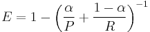 E = 1 - \left(\frac{\alpha}{P} %2B \frac{1-\alpha}{R}\right)^{-1}