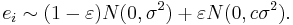 e_i \sim (1-\varepsilon) N(0, \sigma^2) %2B \varepsilon N(0, c\sigma^2).