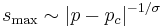 s_\max \sim |p-p_c|^{-1/\sigma}\,\!