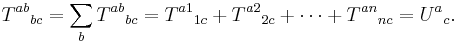  T^{ab} {}_{bc} = \sum_{b}{T^{ab}{}_{bc}} = T^{a1} {}_{1c} %2B T^{a2} {}_{2c} %2B \cdots %2B T^{an} {}_{nc} = U^a {}_c .