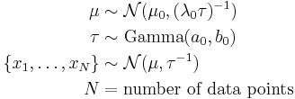 
\begin{align}
\mu & \sim \mathcal{N}(\mu_0, (\lambda_0 \tau)^{-1}) \\
\tau & \sim \operatorname{Gamma}(a_0, b_0) \\
\{x_1, \dots, x_N\} & \sim \mathcal{N}(\mu, \tau^{-1}) \\
N &= \text{number of data points}
\end{align}
