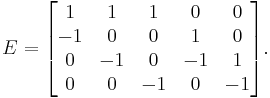 
E = \begin{bmatrix}
  1 & 1 & 1 & 0 & 0 \\
  -1 & 0 & 0 & 1 & 0 \\
  0 & -1 & 0 & -1 & 1 \\
  0 & 0 & -1 & 0 & -1 \\
\end{bmatrix}.
