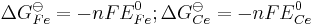 \Delta G^\ominus_{Fe} = -nFE^0_{Fe};\Delta G^\ominus_{Ce} = -nFE^0_{Ce} 